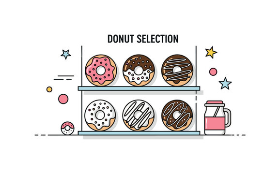 Donut selection showcase a tiny display window featuring different donut styles with simple icing patterns and sprinkles. A clean visual metaphor for choice