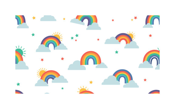 rainbow cloud icons seamless pattern, repeating pattern, surface design, textile print, soft color palette, modern illustration, flat vector rainbows with