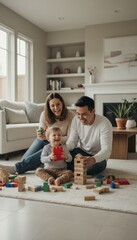 Diverse parents and their toddler child are joyfully laughing and building with wooden and plastic toy blocks on a cozy rug at home, fostering family bonding and childhood development