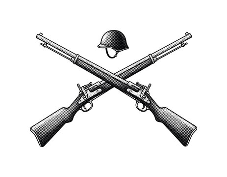 A pair of crossed rifles with a small soldier helmet silhouette above, engraved composition with halftone dot pattern, black and white editorial print style,