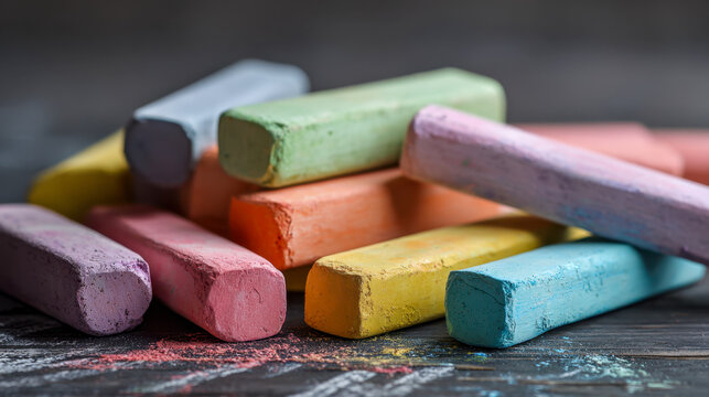 Vibrant colorful chalk sticks scattered on a wooden surface with soft lighting perfect for creative and artistic projects or decorative backgrounds