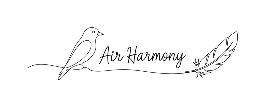 Air Harmony. Minimalistic one-line drawing a bird and feather arranged in a calm flowing line, continuous single black line on white background, simple outline