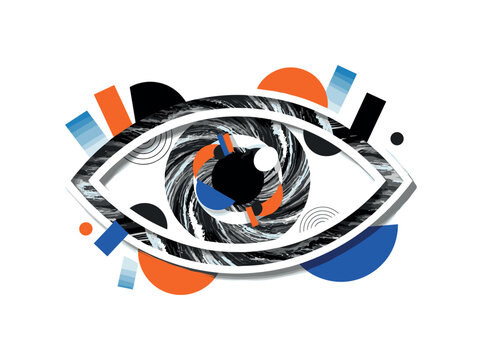 ocean wave eye composition with geometric circles semicircles and abstract blocks, black and white surreal eye formed from swirling ocean waves with white