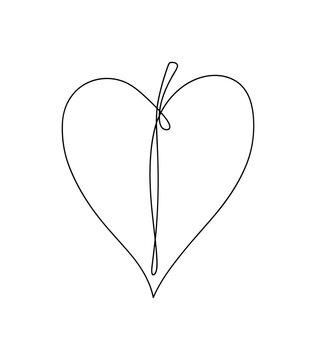 Green Heart. Minimalistic one-line drawing a stylized leaf shaped like a heart with smooth edges, continuous single black line on white background, simple