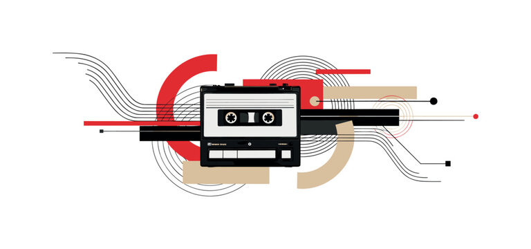 old cassette recorder representing audio broadcasting, black and white device combined with flowing lines and circular forms, geometric shapes like semicircles