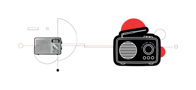 old electronics minimal collage with vintage radio, black and white radio cut-out with white outline, sparse geometric shapes like thin circles and simple