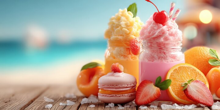 Colorful fruit milkshakes and macaron on rustic wood table by the beach with fresh strawberries oranges and apricots in summer sunlight