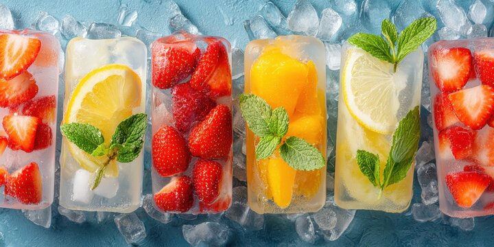 Colorful fruit ice pops with strawberries, lemon, mango and mint leaves on crushed ice over a blue background
