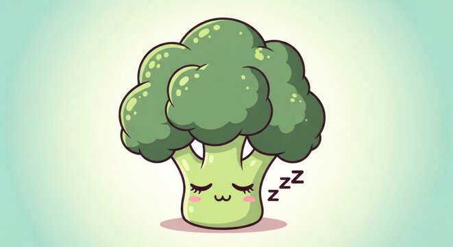 Sleeping cartoon broccoli vegetable character.