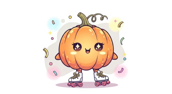 Cute cartoon pumpkin character rollerblading happily.