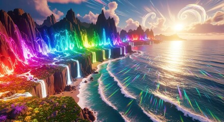 Fototapeta premium Vibrant Rainbow Waterfall Ocean Sunset Landscape.