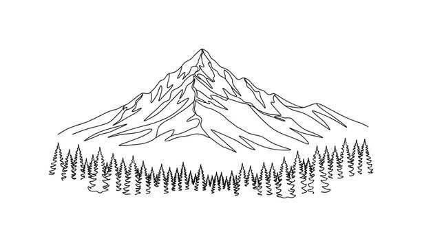 Scenic Nature. Minimalistic one-line drawing a mountain peak with pine trees in the foreground, continuous single black line on white background, simple