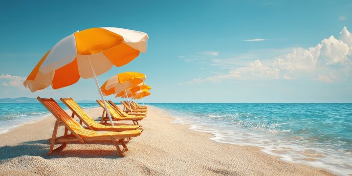 Empty sandy beach with striped deck chairs and yellow umbrellas facing the calm blue sea under a clear summer sky