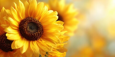 Obraz premium Close up of bright yellow sunflower in soft sunlight with blurred floral background