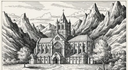 Obraz premium Gothic church in mountain landscape scene.