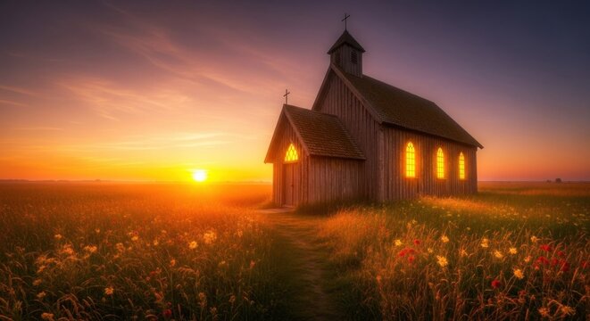 Small church in a field at sunset.