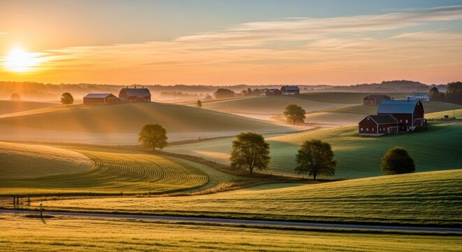 Sunrise over rolling green hills landscape.