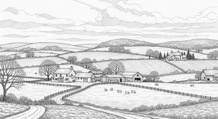 Fototapeta premium Rural landscape with rolling hills and fields.
