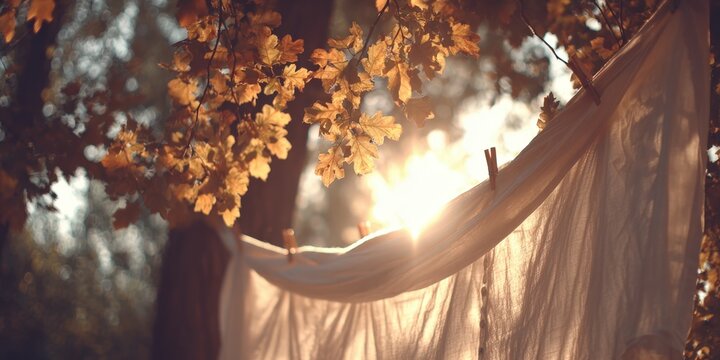 Sunlight shining through autumn leaves and a white sheet hanging on a clothesline in a peaceful outdoor setting