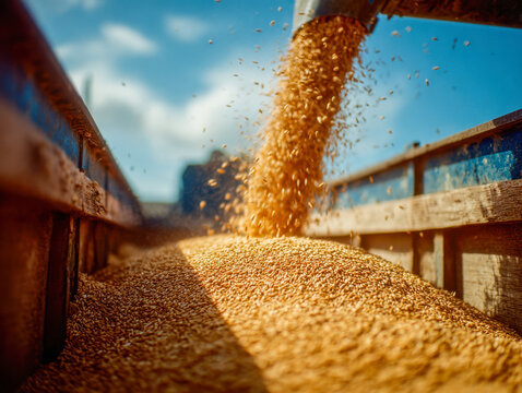 Golden wheat grains pouring from a harvesting machine into a wooden trailer under a sunny blue sky during harvesting season on a farm field