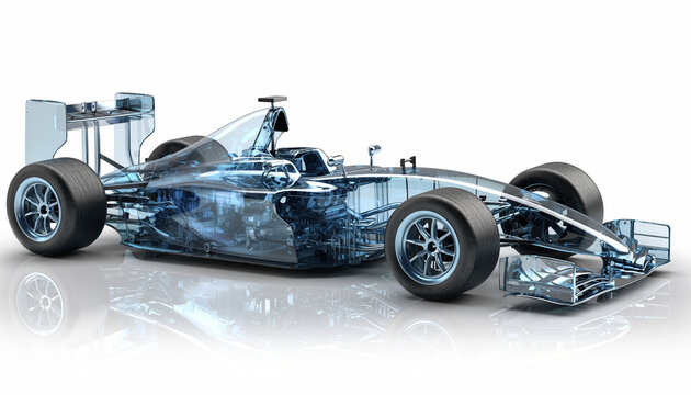 HighTech Formula Race Car With Sleek Aerodynamics On White Background.