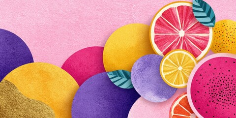 Obraz na płótnie Canvas Colorful abstract citrus fruit collage on pink textured background with overlapping circles and tropical summer vibe