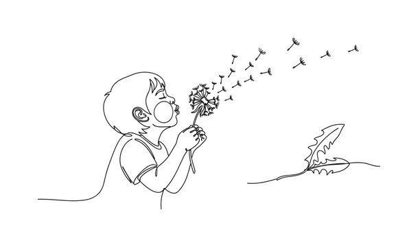 Wishful Thinking. Minimalistic one-line drawing a child making a wish while blowing a dandelion, continuous single black line on white background, simple