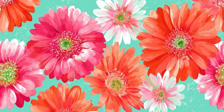 Colorful gerbera daisy pattern with pink and orange flowers on a turquoise background
