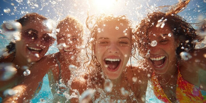 Four young women laughing and splashing in a sunlit pool, captured close up with water droplets and bright summer sky