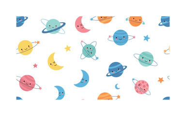 Fototapeta premium cute celestial bodies seamless pattern, repeating pattern, surface design, textile print, soft color palette, modern illustration, flat vector playful planets,