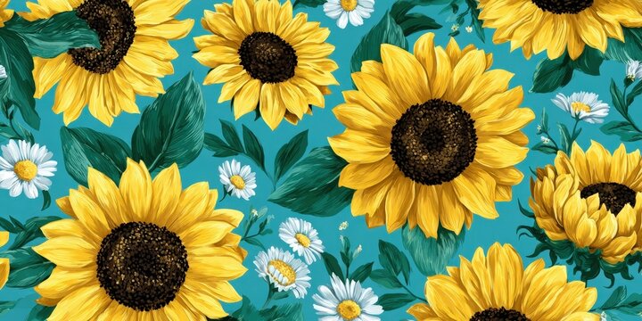 Seamless pattern of bright yellow sunflowers and white daisies with green leaves on a turquoise background