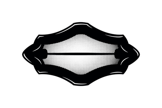 A simple antique brooch silhouette with bold engraved edges and subtle halftone texture, black and white illustration, classic editorial style, high contrast,