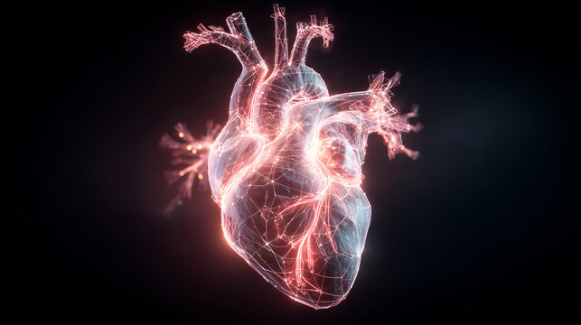 A glowing neon neural network shaped like a human heart floating in a dark dreamlike void, symbolic concept of artificial intelligence with emotion, cinematic soft light, copy spac