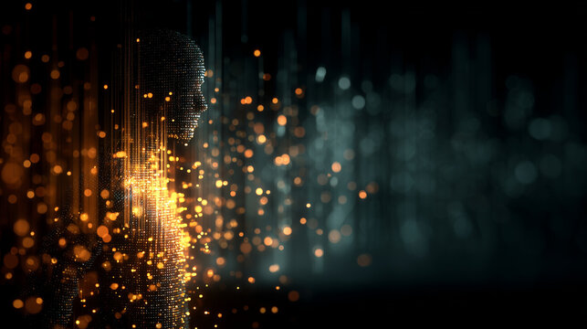 Human silhouette dissolving into a cascade of glowing binary code and light particles, dark background, motion blur, cinematic color grading, emotional and ethereal mood, octane re