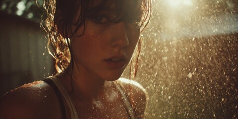 Fototapeta premium Wet young woman in dramatic golden backlight, water droplets falling around her as she looks intensely at the camera
