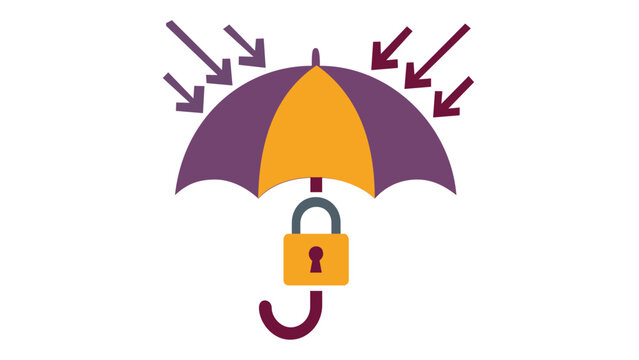 Risk management vector icon illustration featuring a urple and yellow umbrella ith a padlock on the handl and arrows pointing down,symbolizing protection, seurity, and insurance coverge.