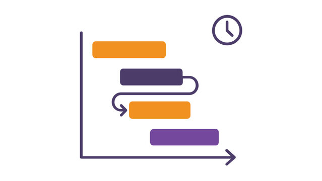 Professional project management Gantt chart vector icn illustration featuring acolorful timeline with tas bars, dependency arrows, nd a clock symbol for scheuling and workflow plannin.