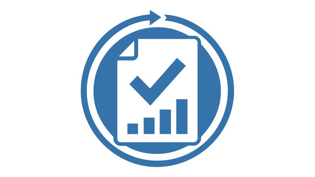 Blue vector icon illustration of a project managementscrum process featuring a ocument with a checkmark ad bar chart inside a circuar arrow, representing agie workflow and task compleion.