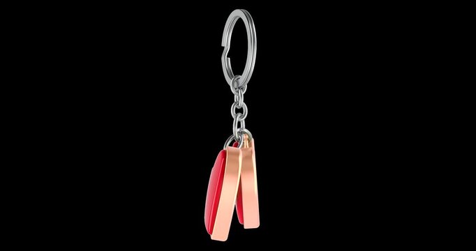 Keychain with two red hearts, rotation animation seamlessly loopable. 3D rendering isolated on transparent background