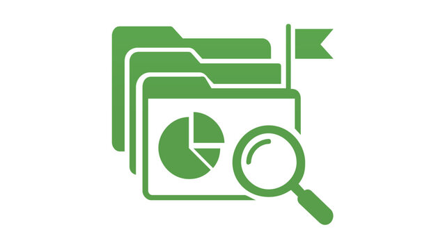 Green vector icon illustration of project management olders with a pie chart, mgnifying glass, and milestne flag, representing dataanalysis, scrum meetings, nd agile workflow organizaion.