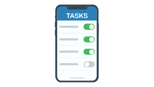 Minimalist vector illustration of a smartphone displaing a task management app ith a to-do list and toggl switches for completion satus, perfect for productiity and business concepts.