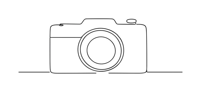 "Camera". Minimalistic one-line drawing classic camera body with circular lens centered and small top button