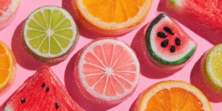 Colorful assorted fruit slice candies with sugar coating arranged on a pink background in a bright flat lay composition