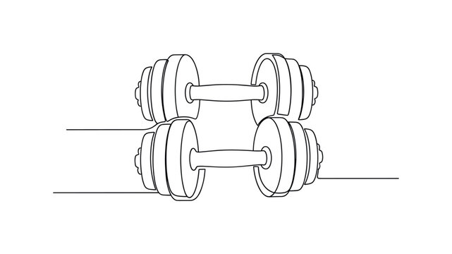 Workout Weights Icon. Minimalistic one-line drawing two dumbbells placed parallel with clean geometric outline, continuous single black line on white