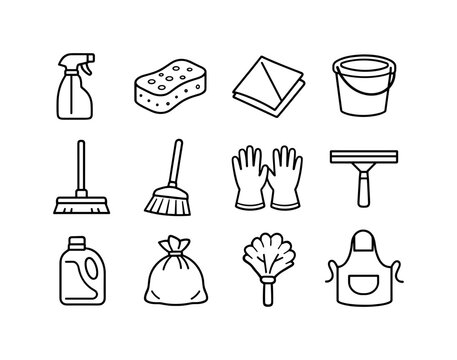 spring cleaning supplies outline. Line outline icon set of spring cleaning supplies outline: spray bottle,