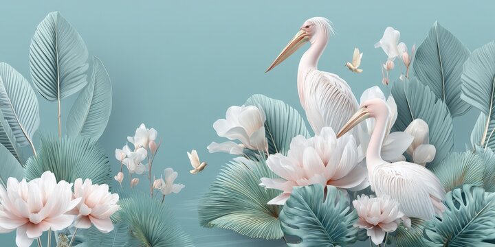 Elegant pelicans among pastel tropical leaves and flowers with small birds on a soft blue background