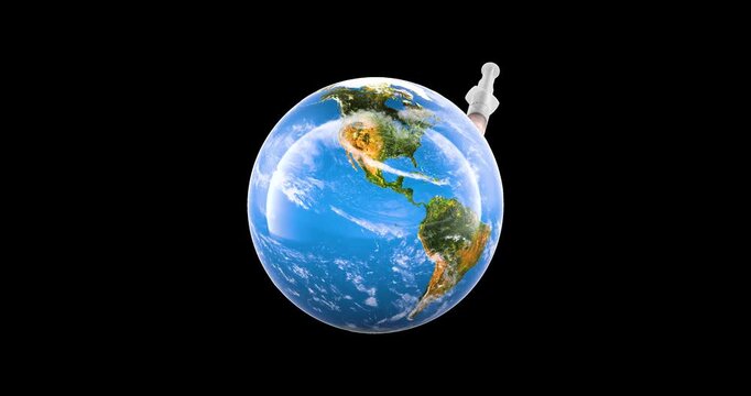 Earth Globe with syringe, rotation animation seamlessly loopable. 3D rendering isolated on transparent background
