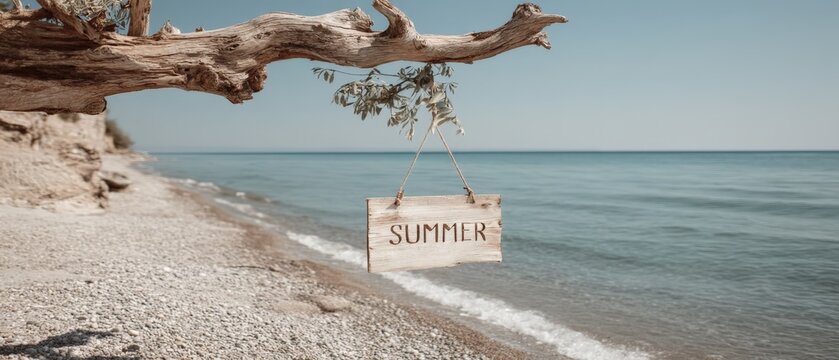 Wooden summer sign hanging from driftwood branch above a calm pebble beach and blue sea under clear sky