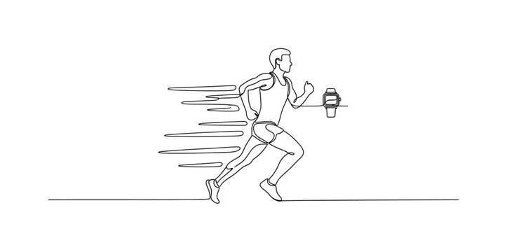 Running with Step Tracker. Minimalistic one-line drawing running person silhouette with small step counter watch and motion lines, continuous single black line