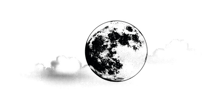 A full moon partially obscured by soft cloud shapes, rendered with heavy halftone grain and subtle engraved texture, black and white halftone illustration,